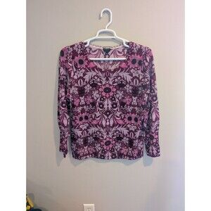 Talbots Women’s XL Crewneck Pure Merino Wool Pink Maroon Floral Pullover Sweater